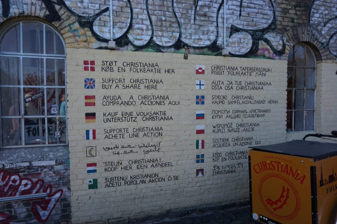 Tablica z napisem "Wspomóż Christiania. Kupuj nasze akcje" w różnych językach świata