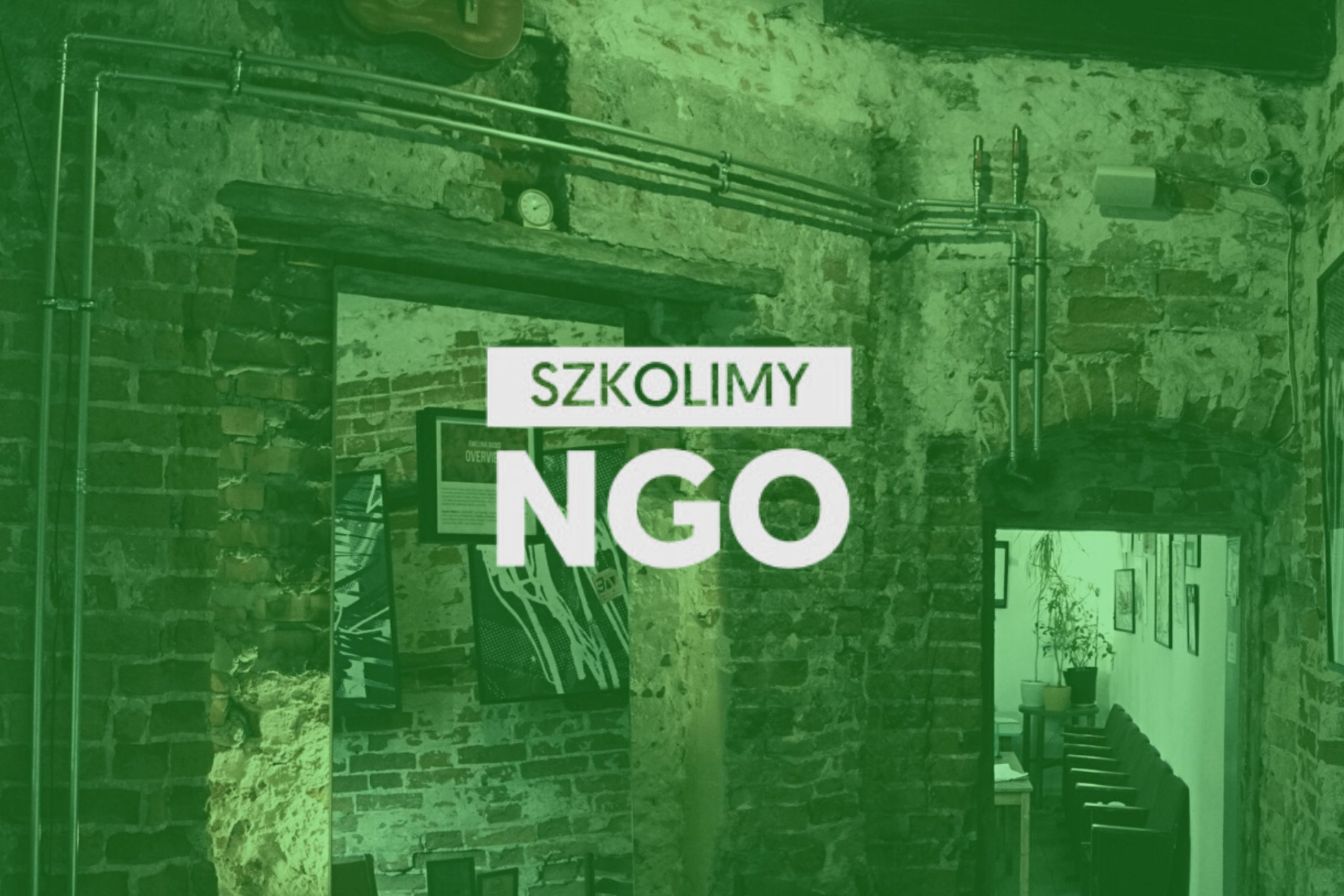 Logotyp projektu "Szkolimy NGO". W tle wnętrze kawiarni PERS.