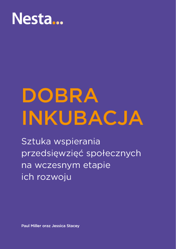 Okładka publikacji "Dobra inkubacja". Logo Nesta oraz tytuł na fioletowym tle.