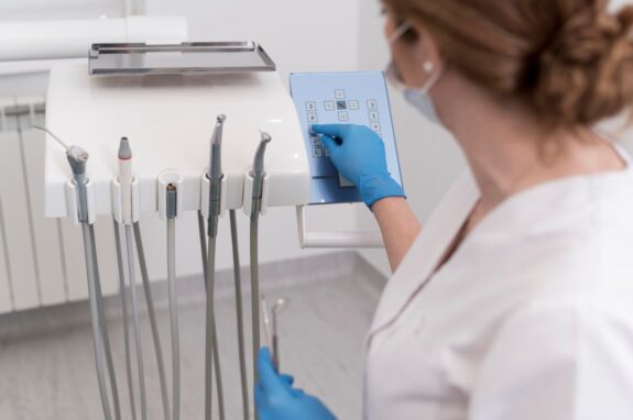 kobieta - ortodonta w lateksowych rekawiczkach obslugujaca sprzęt dentystyczny