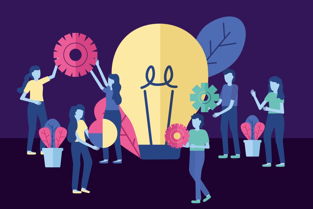 Grafika przedstawia postacie zgromadzone wokół żarówki