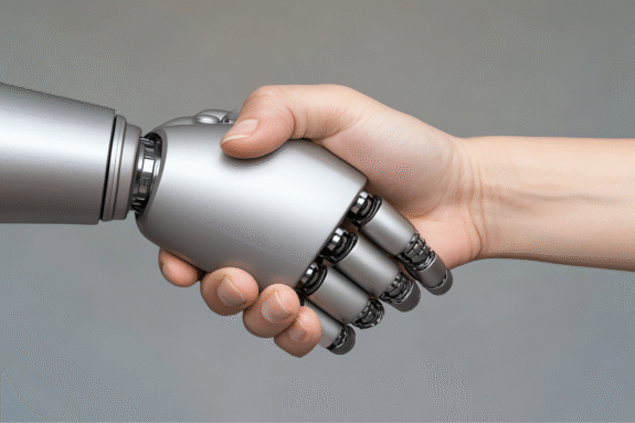 Dłoń robota i dłoń człowieka w uścisku