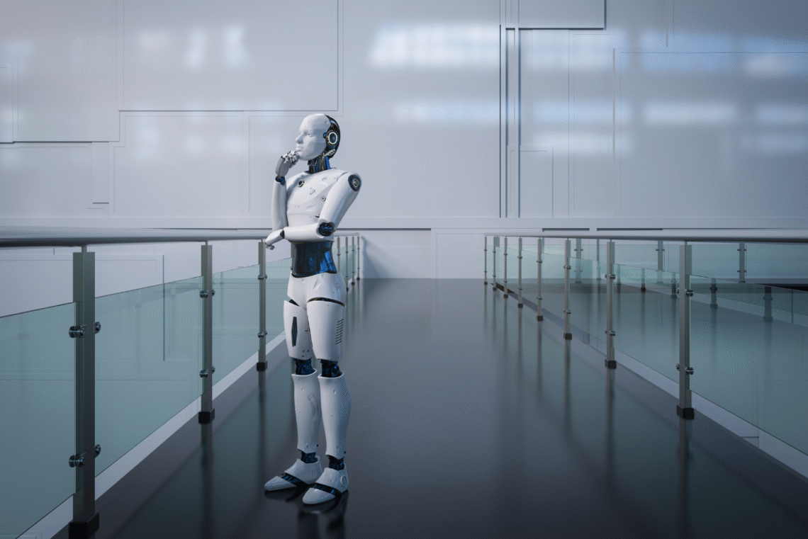 Robot humanoidalny trzymający rękę w geście myślenia