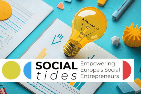 Grafika z niewielkim logiem programu Social Tides, w tle żółta żarówka oraz wykresy słupkowe w żółtym i niebieskim kolorze