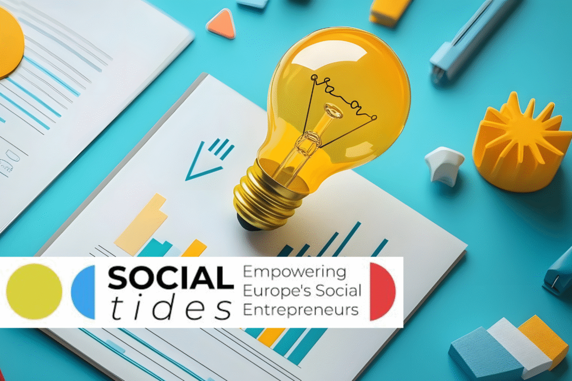 Grafika z niewielkim logiem programu Social Tides, w tle żółta żarówka oraz wykresy słupkowe w żółtym i niebieskim kolorze