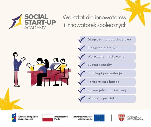 plansza informacyjna o warsztatach dla innowatorów, z lewej strony grafika przedstawiająca ludzi uczestniczących w zajęciach, z prawej strony lista tematów w punktach
