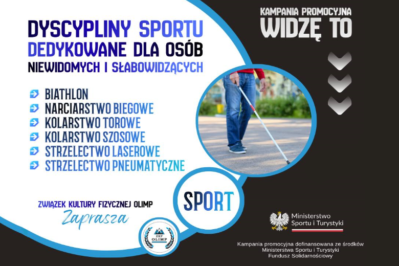 Grafika kampanii promocyjnej "Widzę to", na którym wypisano dyscypliny sportu dedykowane osobom niewidomym i słabowidzącym. Na grafice znajduje się również człowiek ukazany od pasa w dół z białą laską oraz belka Ministerstwa Sportu i Turystyki