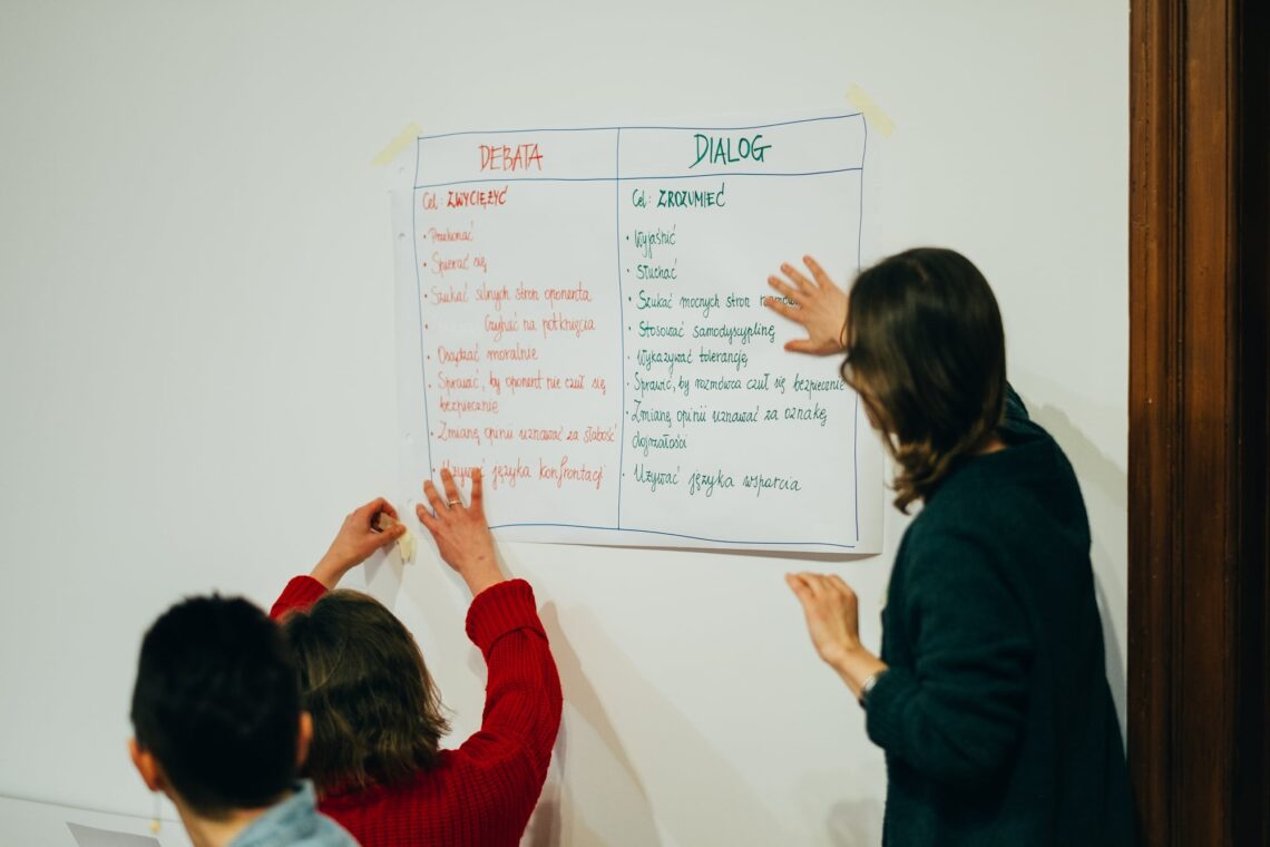 Uczestnicy warsztatów zawieszają planszę z tabelą podzieloną na dialog i debatę