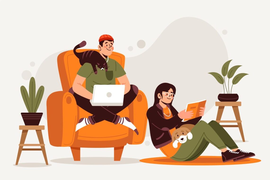 grafika: dwie osoby siedzące i czytające coś z ekranu laptopa, jedna siedzi na fotelu z kotem na ramieniu, druga siedzi na podłodze z psem na kolanach