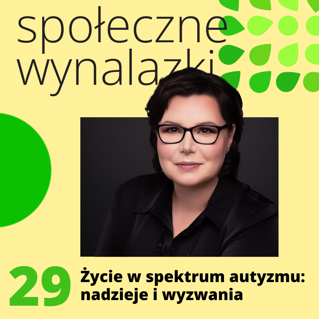 plansza podcastu "społeczne wynalazki", żółte tło, w środku zdjęcie Anny Janiak, na dole liczba 29 i napis "życie w spektrum autyzmu" - nadzieje i wyzwania"