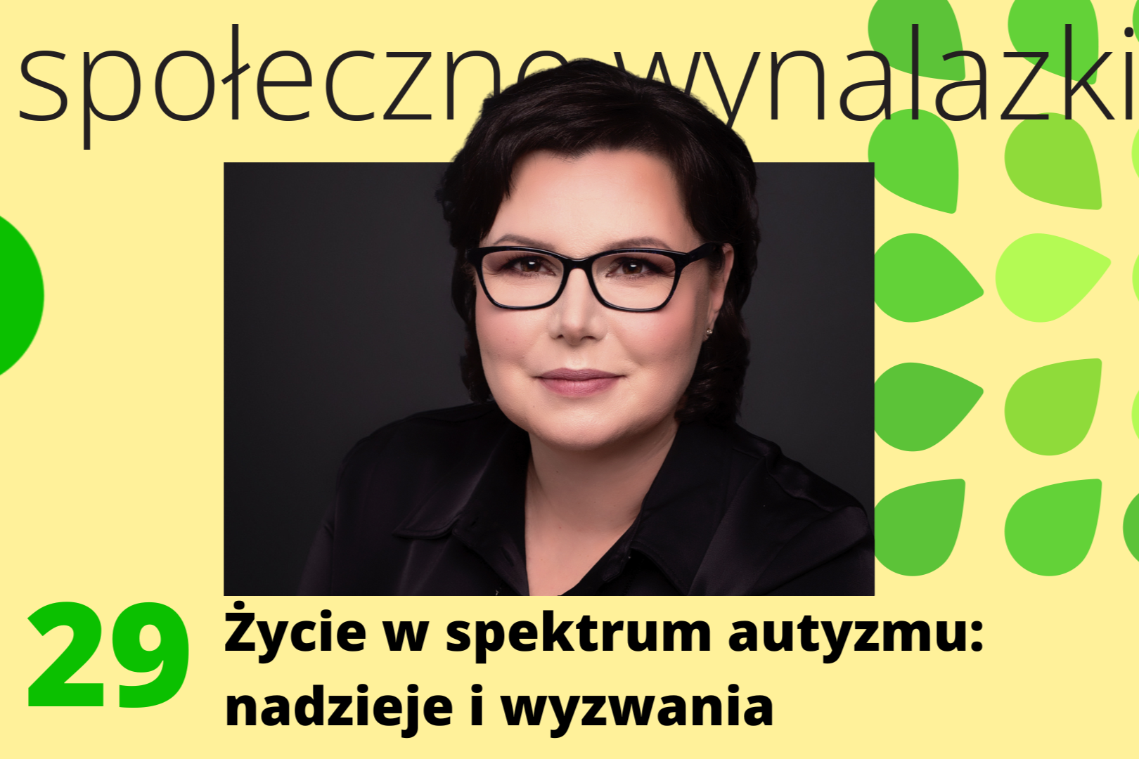 plansza podcastu "społeczne wynalazki", żółte tło, na środku zdjęcie Anny Janiak, z prawej fragment logo zielone listki, na dole liczba 29 i napis "życie w spektrum autyzmu: nadzieje i wyzwania"