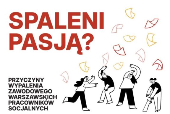 strona tytułowa raportu "Spaleni pasją" - duży napisz lewej strony grafika przedstawiająca ludzi w różnych pozycjach, na których spadają kartki papieru
