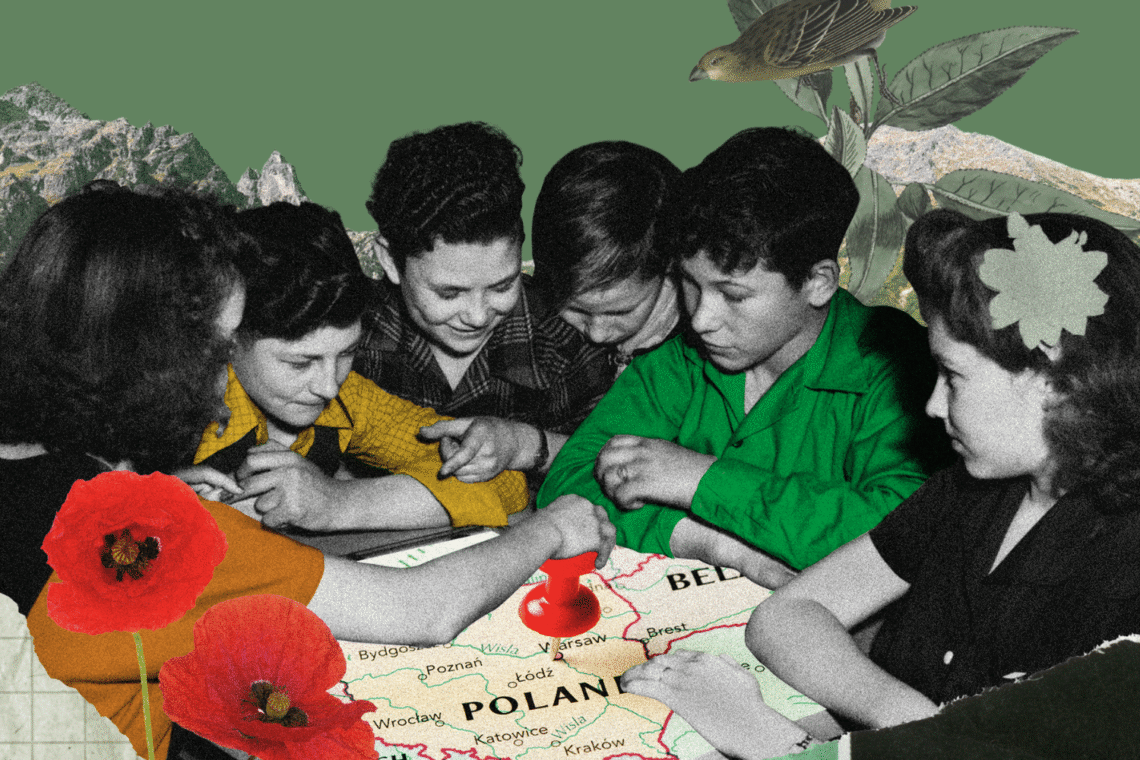 Kolaż przedstawiający grupę dzieci nad mapą Polski
