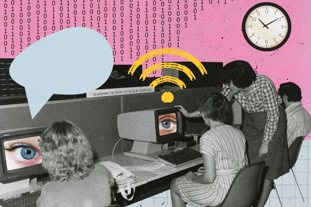 kolaż przedstawiający ludzi przy komputerach