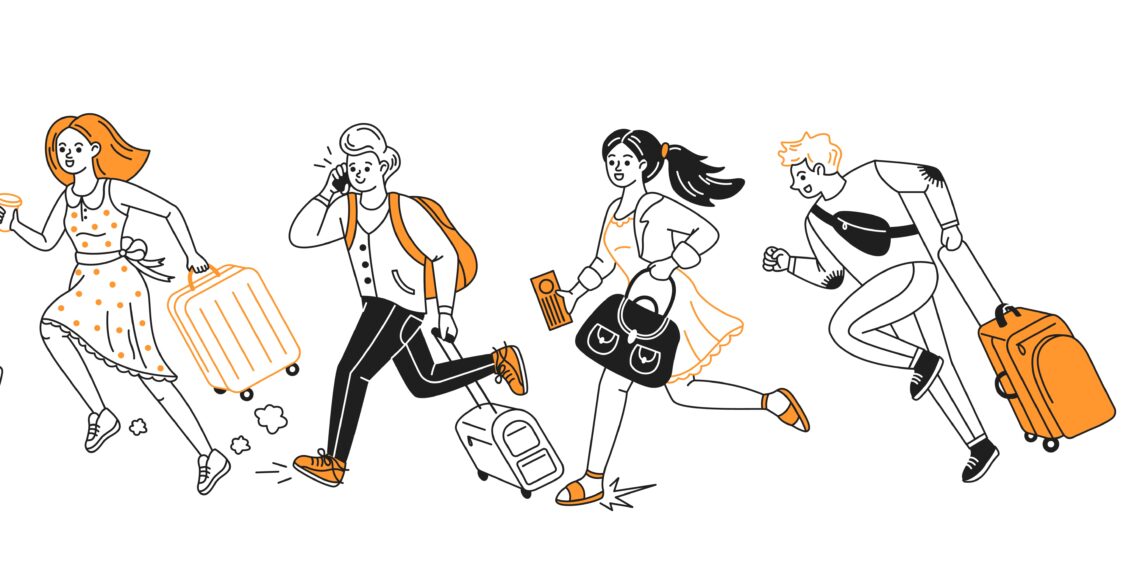 cztery osoby biegnące z bagażem, grafika