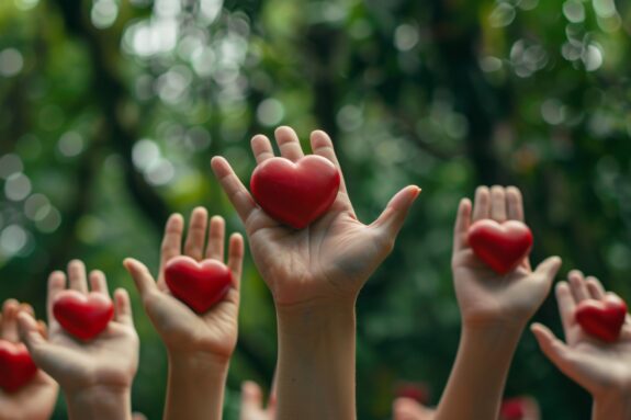 Wyciągnięte dłonie, na których leżą czerwone serca