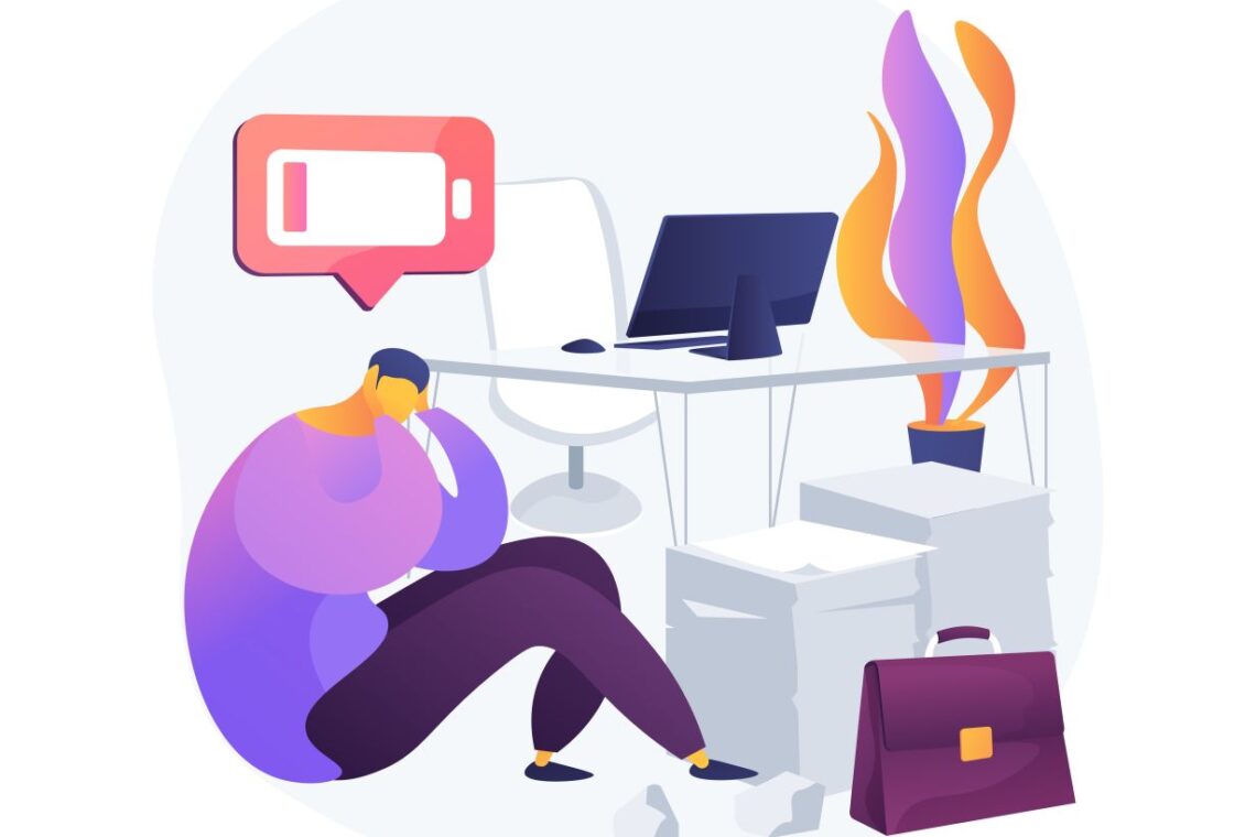 grafika przedstawiająca osobę zmęczoną pracą - siedzi skulona na podłodze, obok biurko, na nim symboliczne płomienie