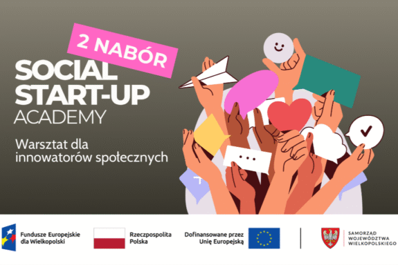 plansza ogłoszeniowa z kolorową grafiką i napisem "social start-up", na dole pasek z logo instytucji wspierających wydarzenie