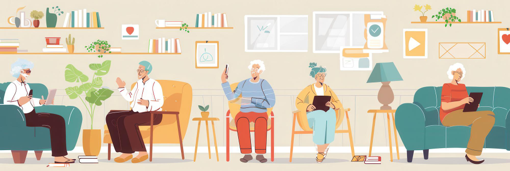 grafika przedstawiająca starszych ludzi w pomieszczeniu typu klubokawiarnia, czytających albo rozmawiających ze sobą