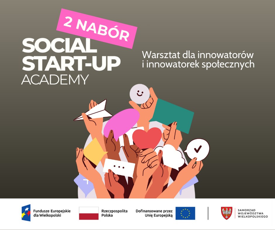 plansza ogłoszeniowa z kolorową grafiką i napisem "social start-up", na dole pasek z logo instytucji wspierających wydarzenie