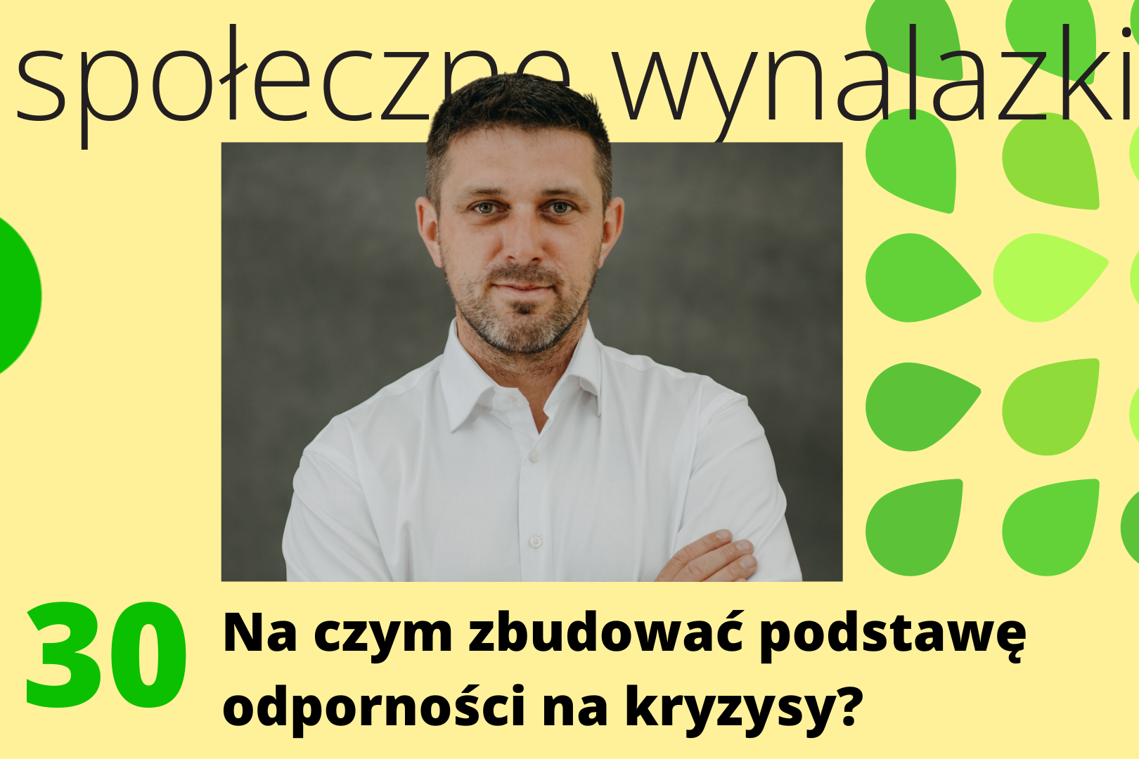 Okładka podcastu Społeczne Wynalazki, na zdjęciu gość Marcin Piotrowski, odcinek nr 30, tytuł: na czym zbudować podstawę odporności na kryzysy?