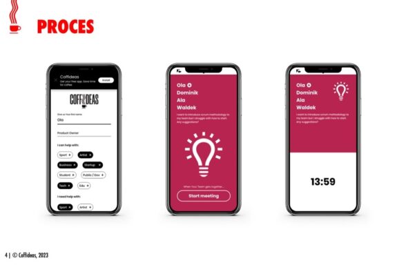 trzy telefony wyświetlające aplikację coffideas