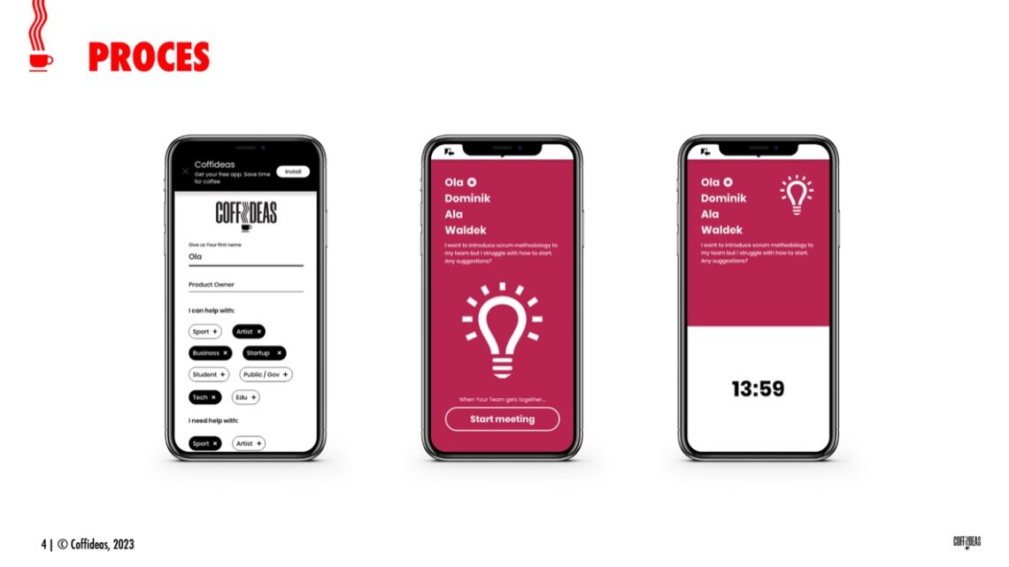 trzy telefony wyświetlające aplikację coffideas