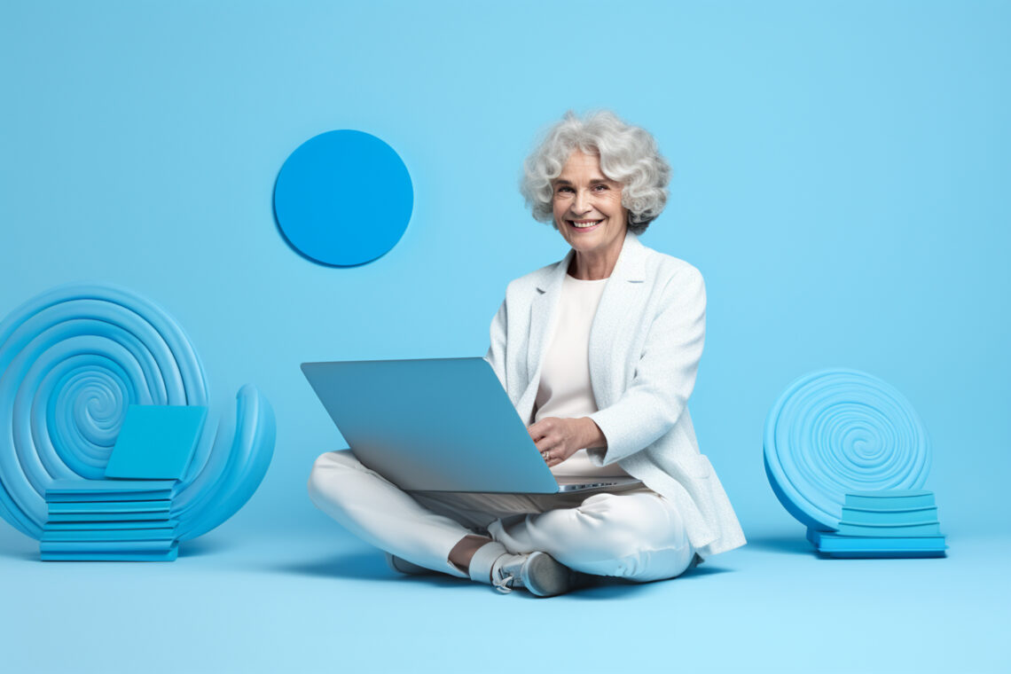 zadowolona starsza kobieta siedząca z laptopem na planie zdjęciowym w niebieskich kolorach
