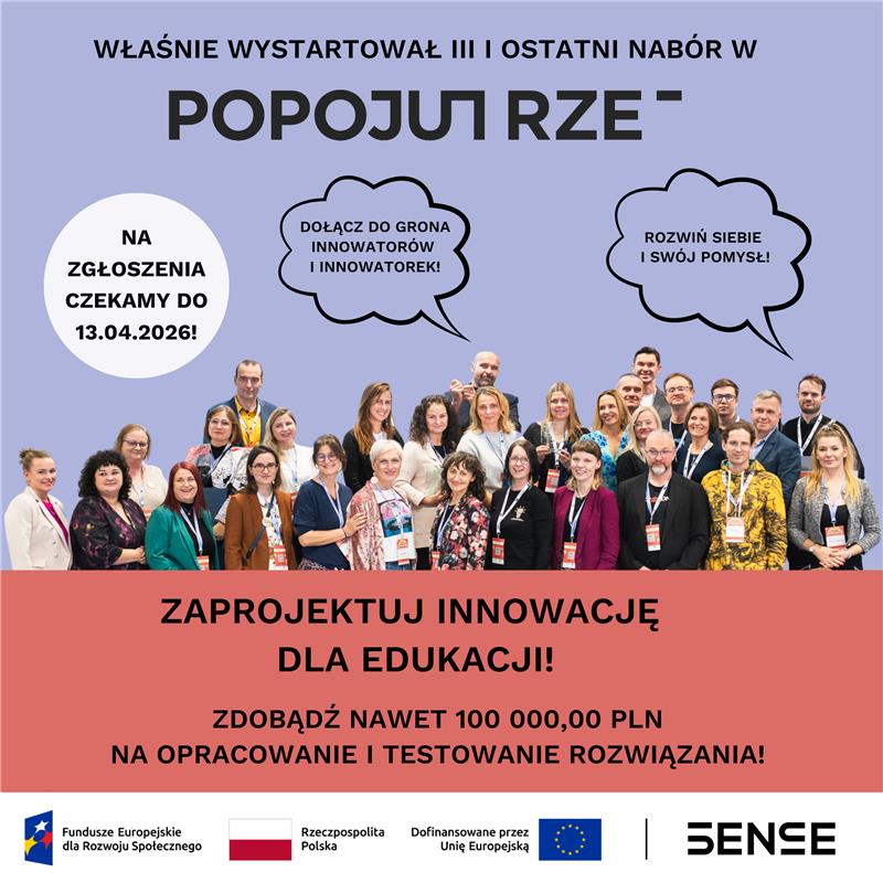 grafika: na fioletowym tle napisy zawierające informację o naborze, pod napisami zdjęcie grupy osób uczestniczących w programie, pod nim tekst zachęcający do udziału w naborze na bladoczerwonym tle, na samym dole pasek z logo instytucji wspierających program