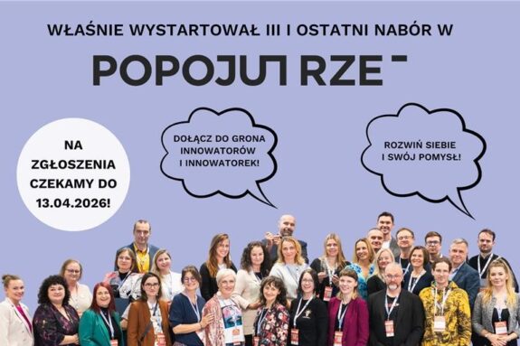 grafika: na fioletowym tle tekst z informacjami o naborze, na dole zdjęcie grupy osób uczestniczących w programie