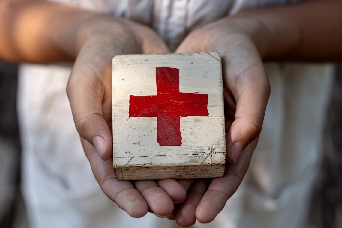 czerwony krzyż na deseczce leżącej na dłoniach