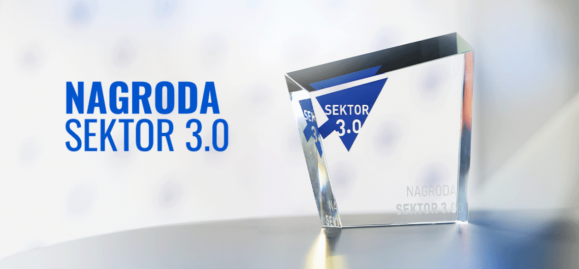 grafika przedstawiająca szklaną nagrodę oraz napis "nagroda Sektor 3.0"