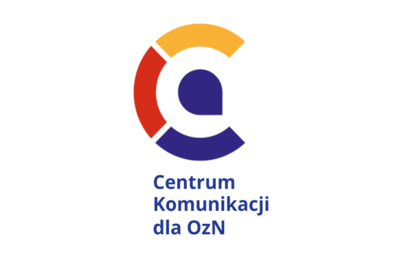 Logo Centrum Komunikacji dla OzN w kolorach: granatowym, żółtym i czerwonym