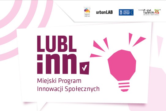 grafika: centralnie tekst Lublinn Miejski Program innowacji Społecznych, z prawej różowa żarówka