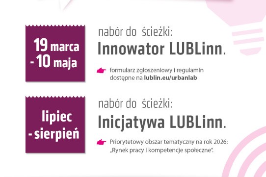 grafika: dwa duże, fioletowe kwadraty z terminami spotkań, obok napisy Innowator Lublin oraz inicjatywa Lublinn