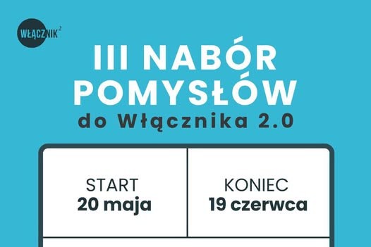 grafika, na niebieskim tle napis "III nabór pomysłów do Włącznika 2.0', poniżej w białej, prostokątnej ramce terminy naboru