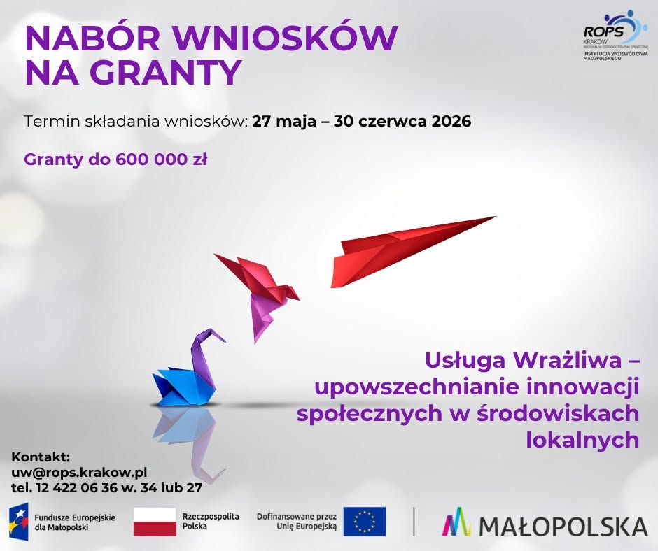 grafika, na biało-szarym tle, origami przedstawiające łabędzia, ptaka w locie oraz papierowy samolot, z prawej strony fioletowy napis "usługa wrażliwa. od innowacji społecznej do usługi społecznej", na górze napis "nabór wniosków na granty"