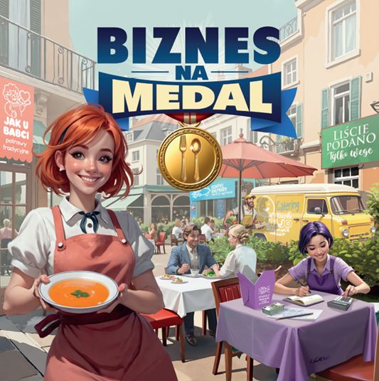 Grafika gry "Biznes na medal", na rysunku kelnerka w restauracji