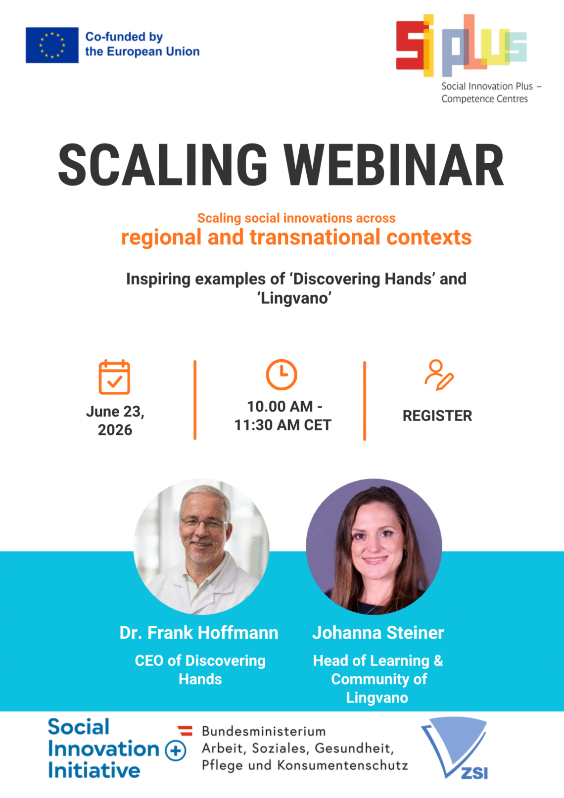 Plakat z napisem scaling webinar, logiem Unii Europejskiej oraz organizacji Si plus. Daty, zdjęcia kobiety i mężczyzny
