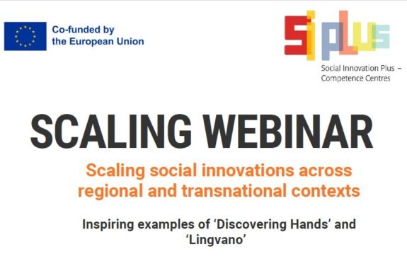 Grafika z napisem scaling webinar, logiem Unii Europejskiej oraz organizacji Si plus