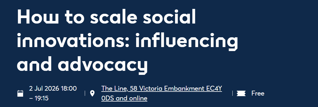 grafika - granatowe tło, na nim napis po angielsku "how to scale social innocations: influencing and advocacy"