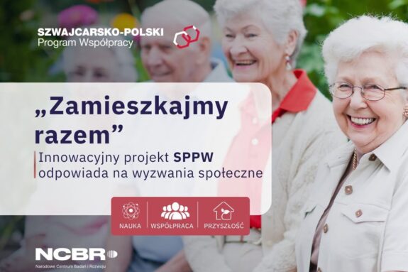 Grafika projektu "Zamieszkajmy razem", w tle czworo starszych osób