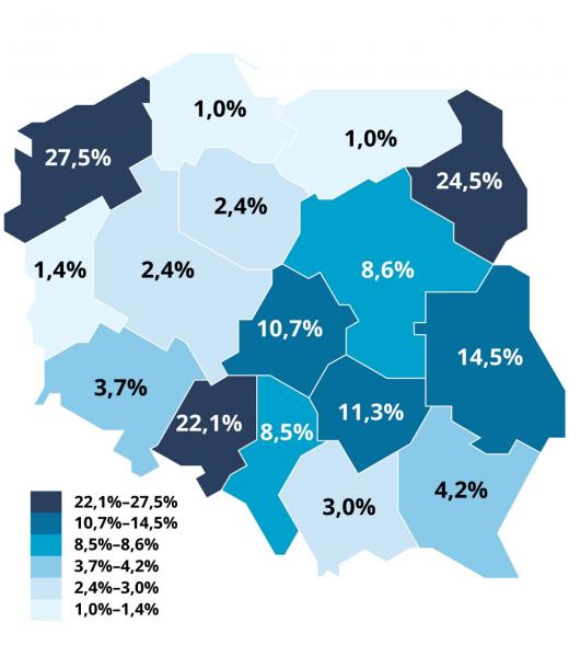 mapa województw na terenie Polski z danymi NIK