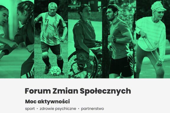 grafika zapowiadająca wydarzenie: na górze zdjęcia osób uprawiających sport, na dole tekst "Forum Zmian Społecznych. Moc aktywności"
