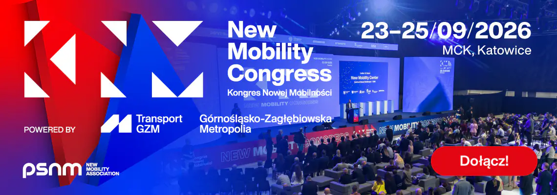 grafika, czerwono-granatowe tło, biały napis "New Mobility Congress" oraz informacje o wydarzeniu