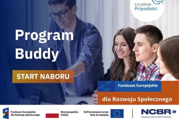 grafika informująca o naborze do programu "Buddy", w tle zdjęcie grupy studentów, na dole banner z logo instytucji wspierających