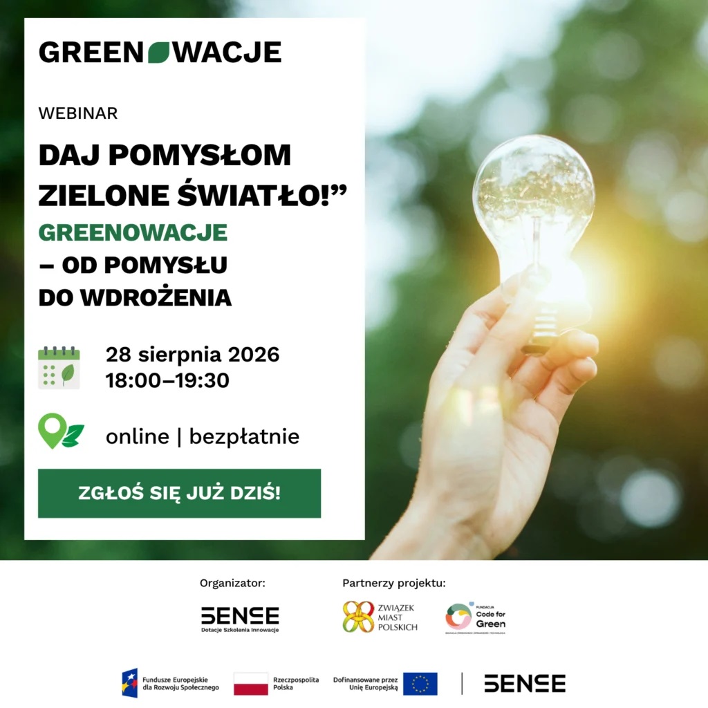 Plakat z informacjami o webinarze Greenowacji (28 sierpnia 2026). Na zdjęciu ręka z żarówką