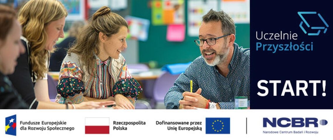 grafika informująca o naborze do programu "Buddy", w tle zdjęcie grupy studentów z wykładowcą, na dole banner z logo instytucji wspierających