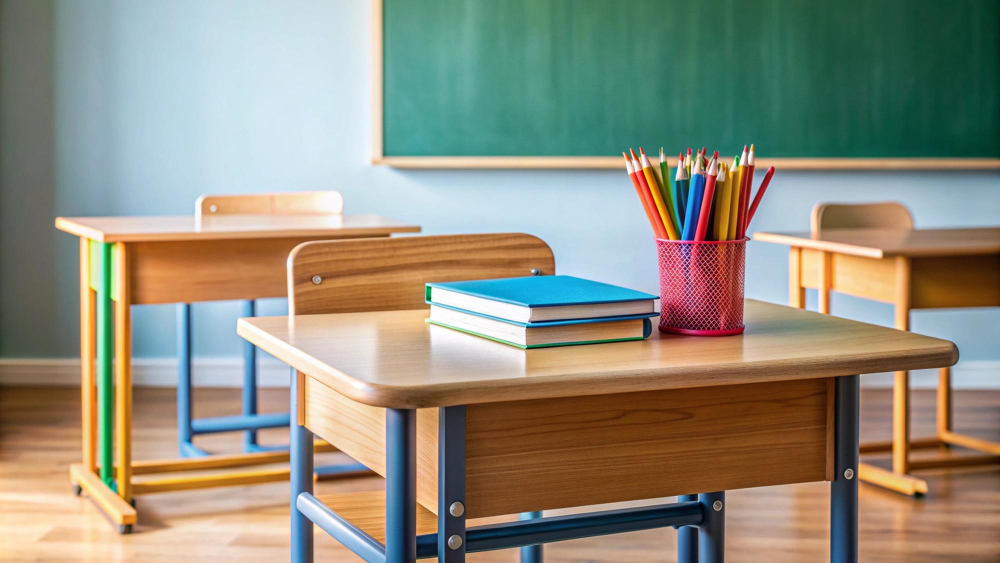 klasa w szkole, widok na ławki, na pierwszej książki i kredki w pojemniku, w tle tablica