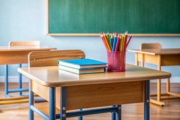 klasa w szkole, widok na ławki, na pierwszej książki i kredki w pojemniku, w tle tablica